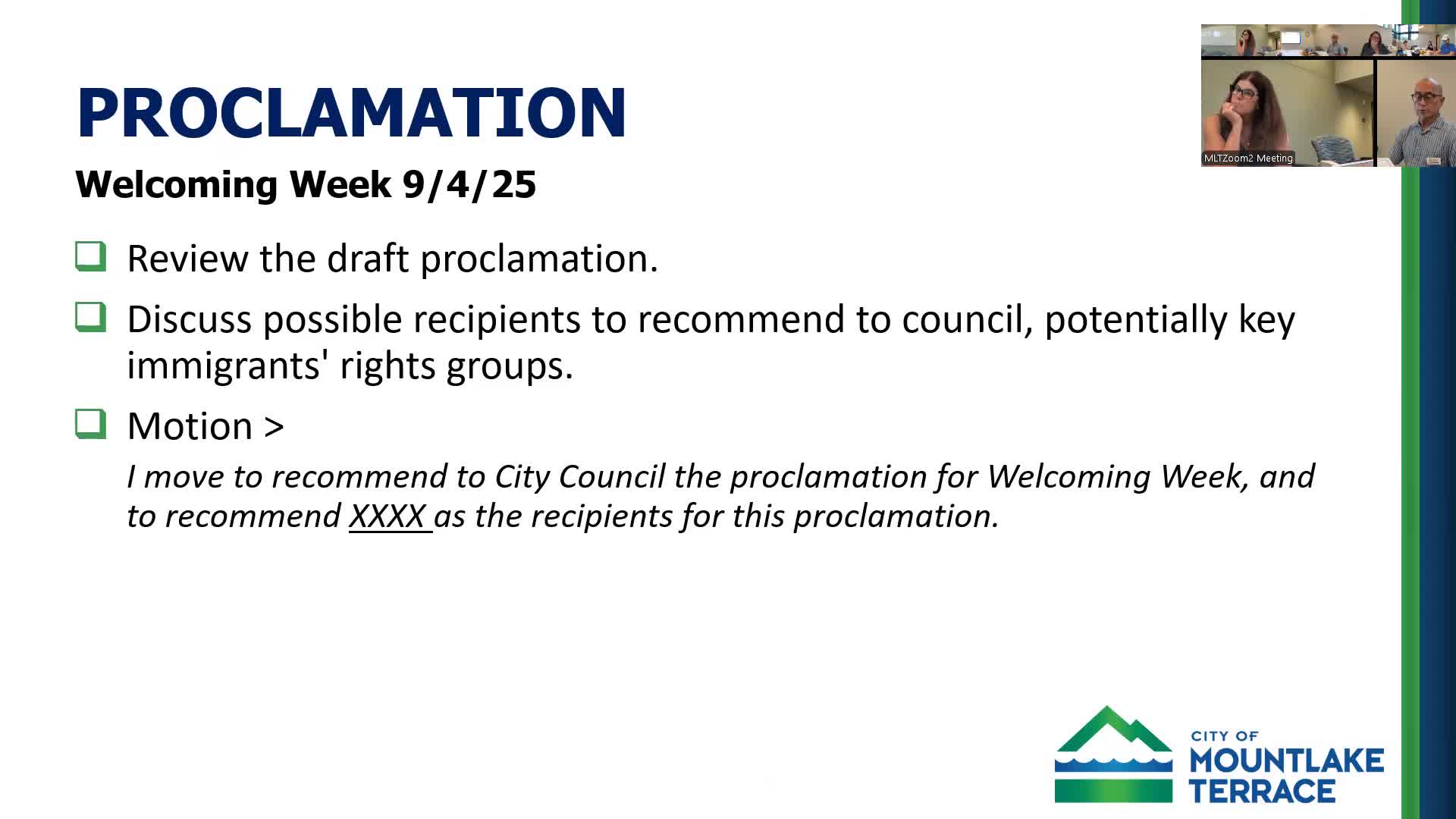 Commission approves minutes, excuses absent member and forwards Welcoming Week and Hispanic Heritage Month proclamations