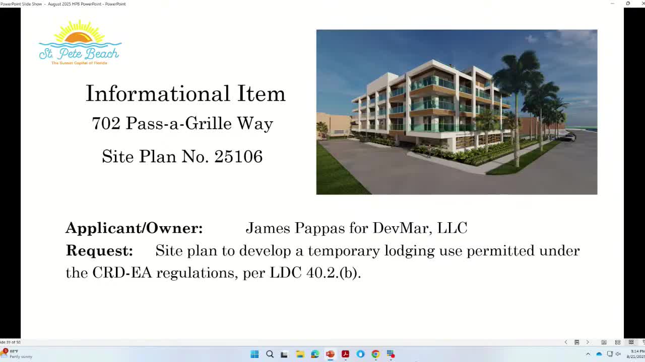 Board members raise height, rooftop and parking concerns for 17‑unit lodging proposal at 702 Pass‑a‑Grille Way