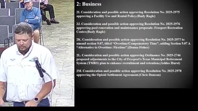 Freeport Council approves first‑responder hiring incentive, TMRS increase and pool repairs; tables yard‑of‑the‑month and facility‑use policy
