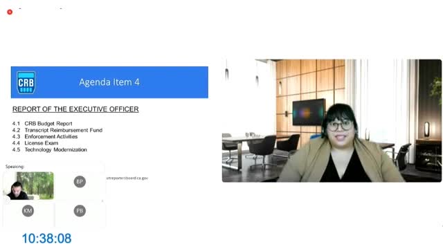 Court Reporters Board hears reports of technical problems with online proctoring; board discusses reserving days for retests