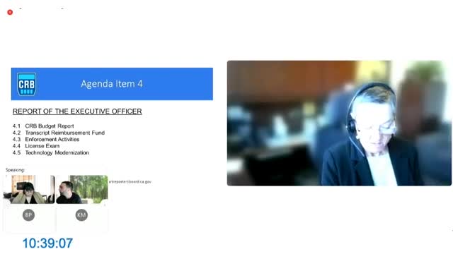 Court Reporters Board reviews fund condition and Transcript Reimbursement Fund payouts; staff flags possible fee study