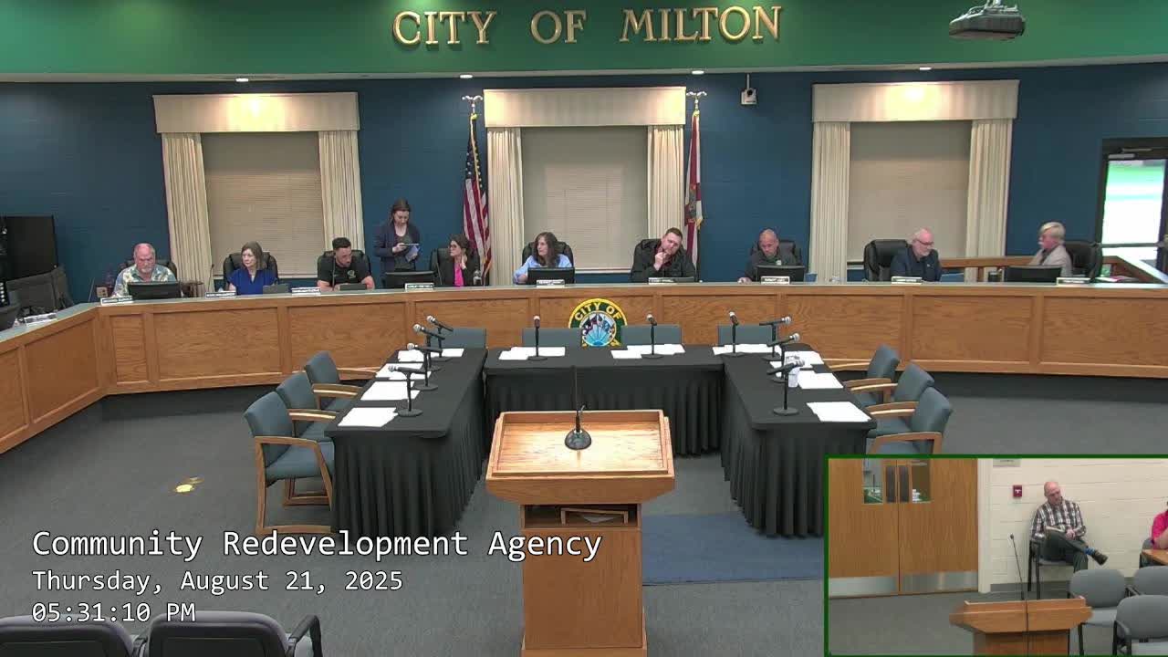 Milton CRA approves minutes and financial reports; city not awarded CDBG small‑cities grant