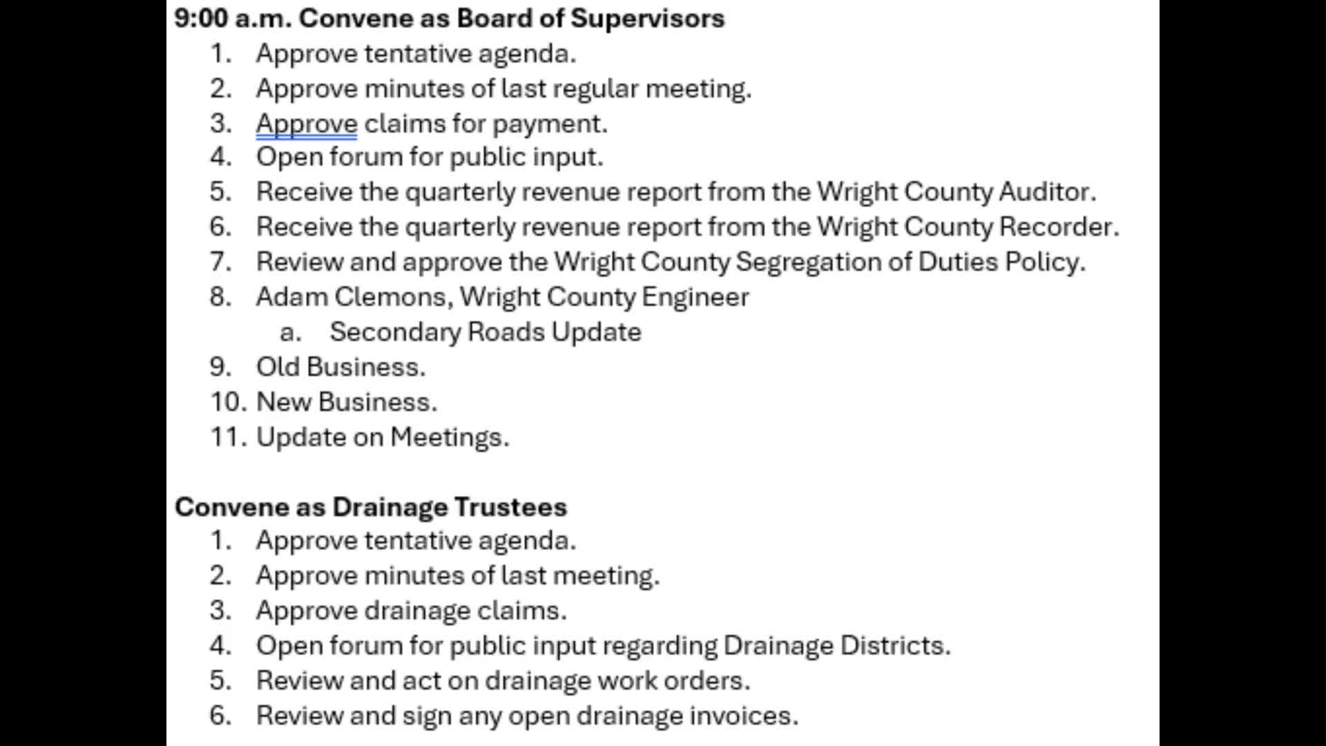 Wright County supervisors approve opioid‑fund detox agreement and liquor license; table segregation‑of‑duties policy for review