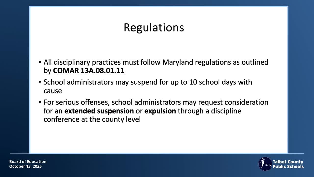 District outlines discipline rules, alternatives and staffing gaps; COMAR imminent-threat standard noted
