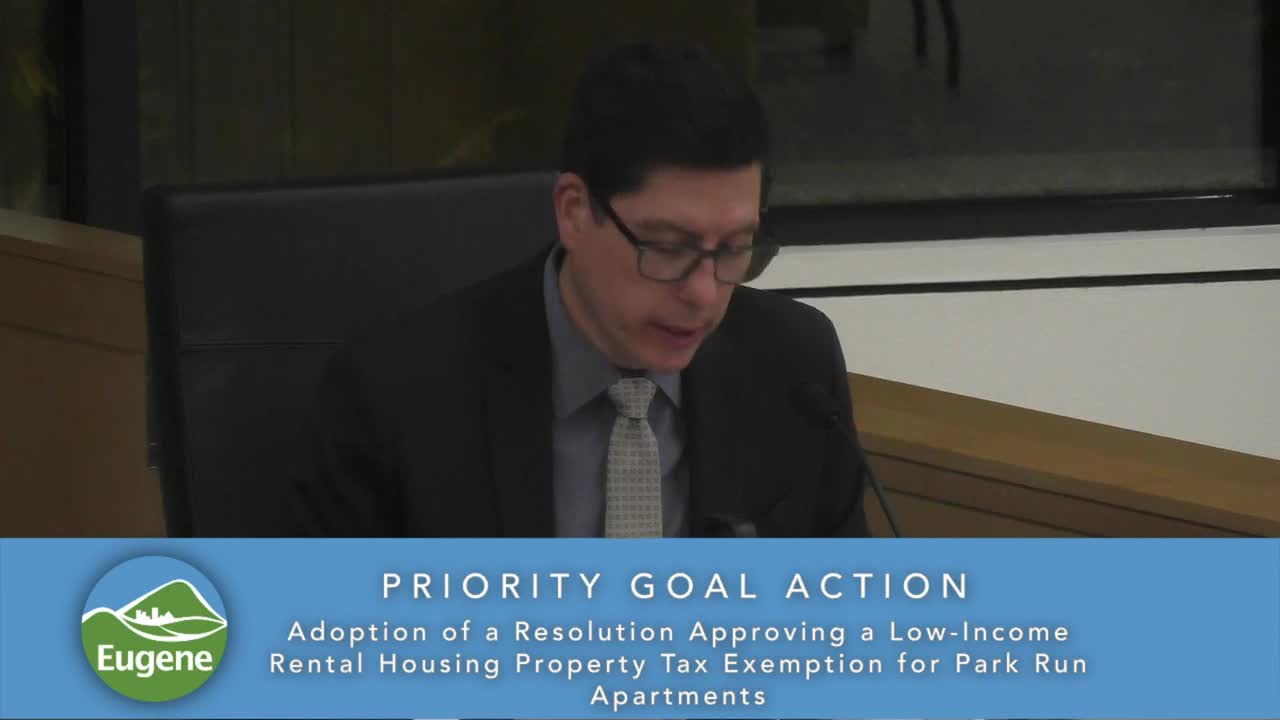 Council adopts 20‑year low‑income rental property tax exemption for Parkrun Apartments; consent items approved