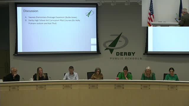 City requests drainage easement at Sweeny Elementary; board discussion notes 2026 project timeline