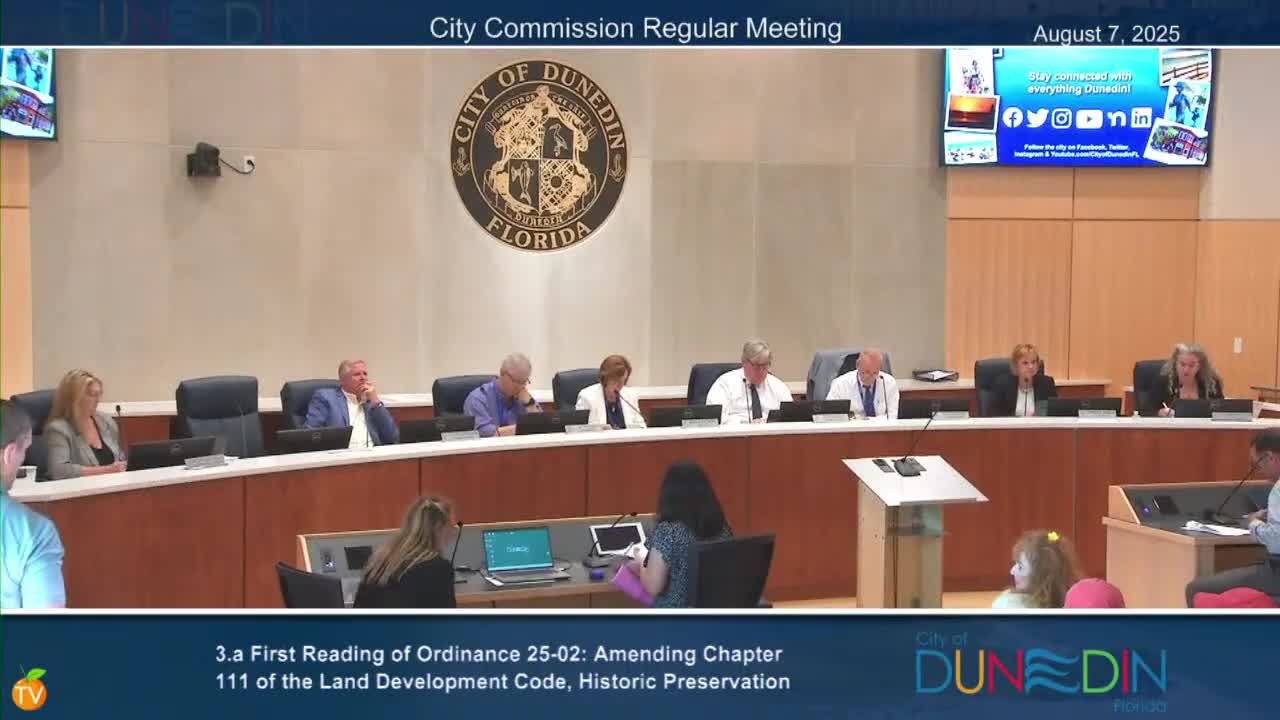 Dunedin Commission OKs first reading of revised historic‑preservation code, narrows emergency power for city manager
