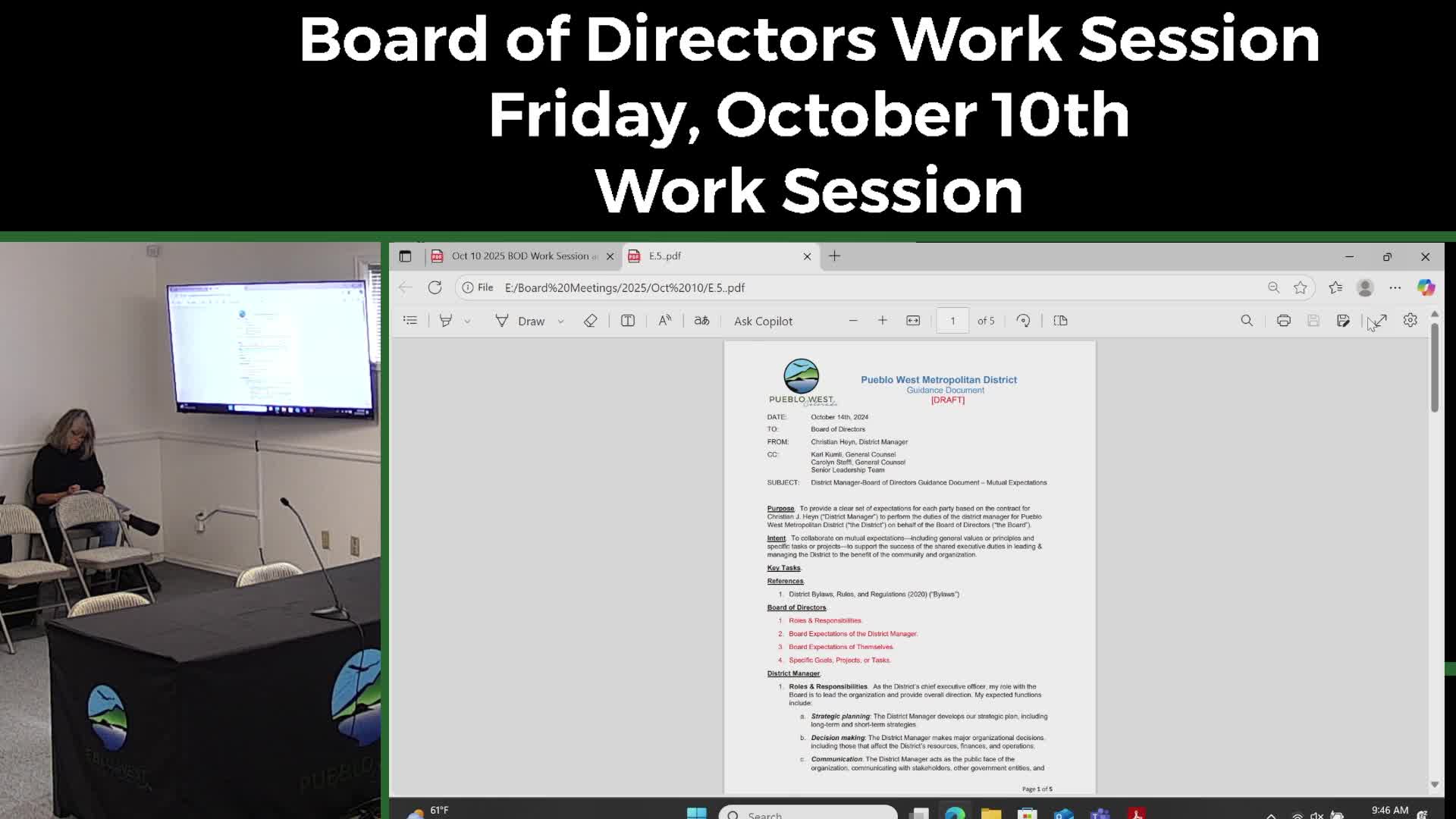 Pueblo West manager proposes written guidance on Boards relationship with district manager; directors discuss executive-session review