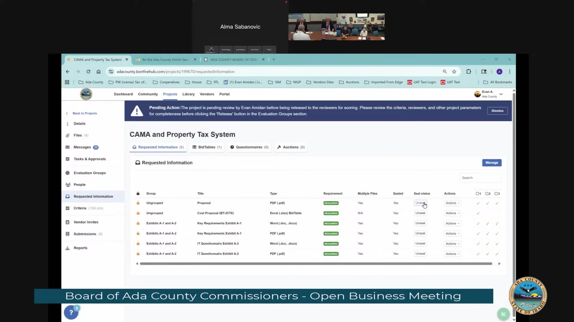 Ada County opens multiple procurement bids and RFPs; awards tabled to later meetings