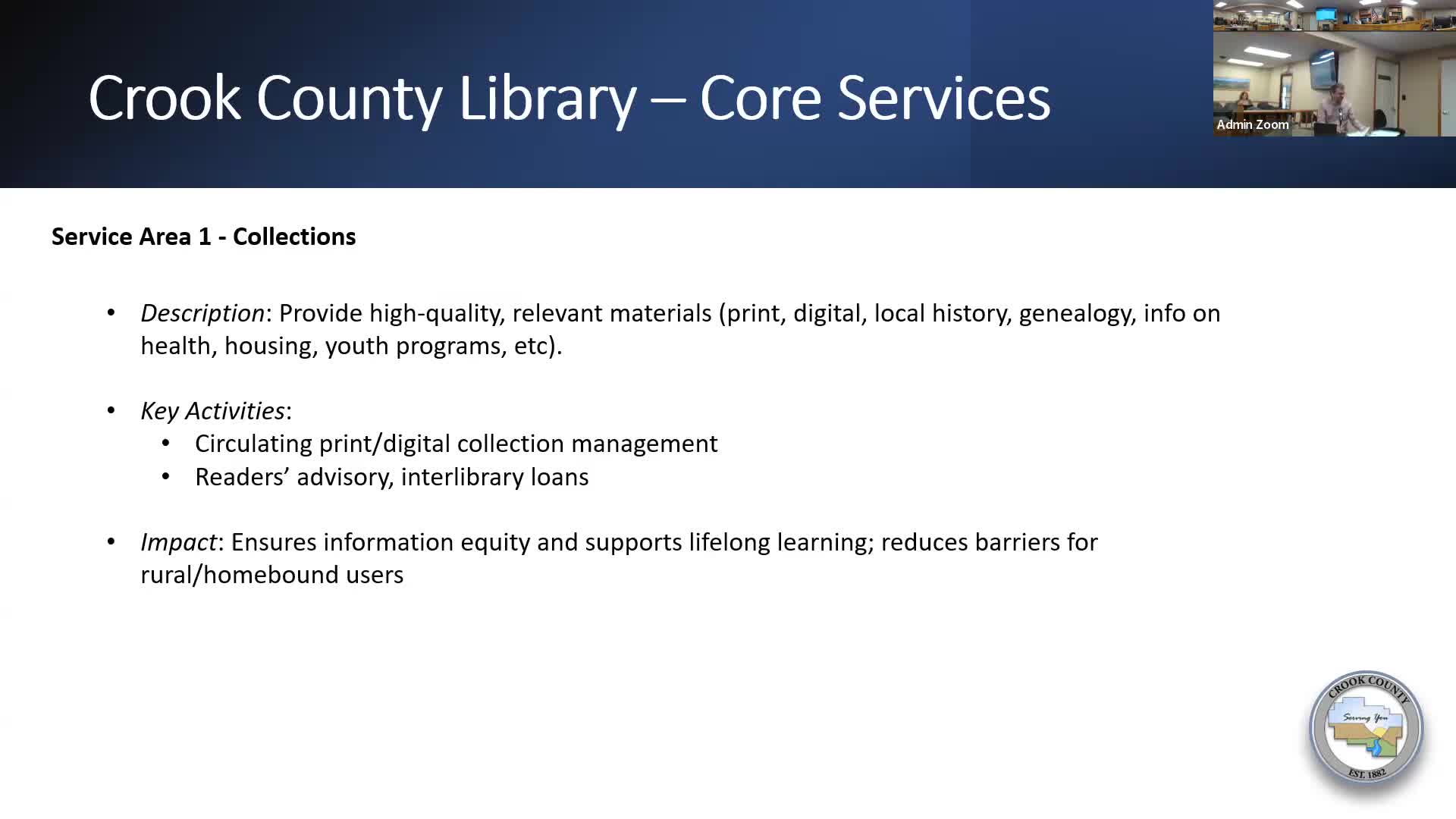 Crook County reviews library core services; commissioners discuss outreach, bookmobile and room fees