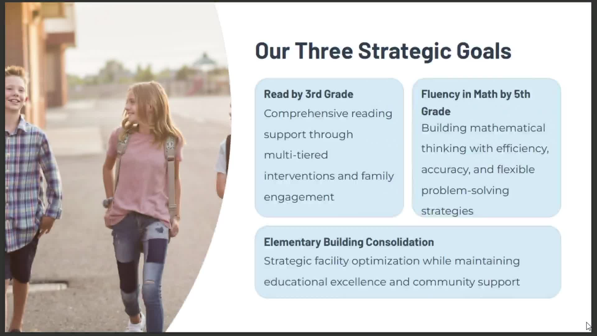 CASD director: only half of third- and fifth‑grade students meet proficiency targets; reading, math and school consolidation are priorities