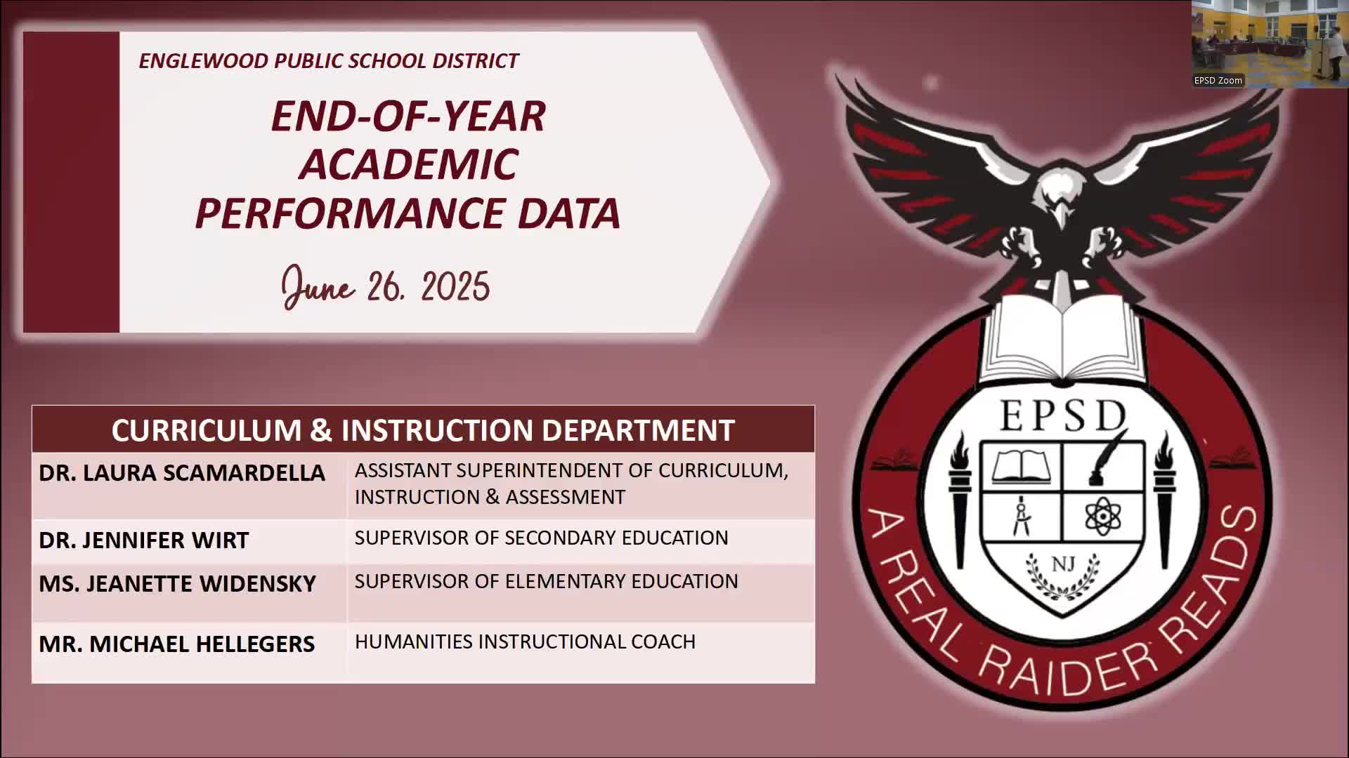 Englewood presents HMH end‑of‑year data showing gains and largest reductions among tier‑3 students; district to adopt i‑Ready