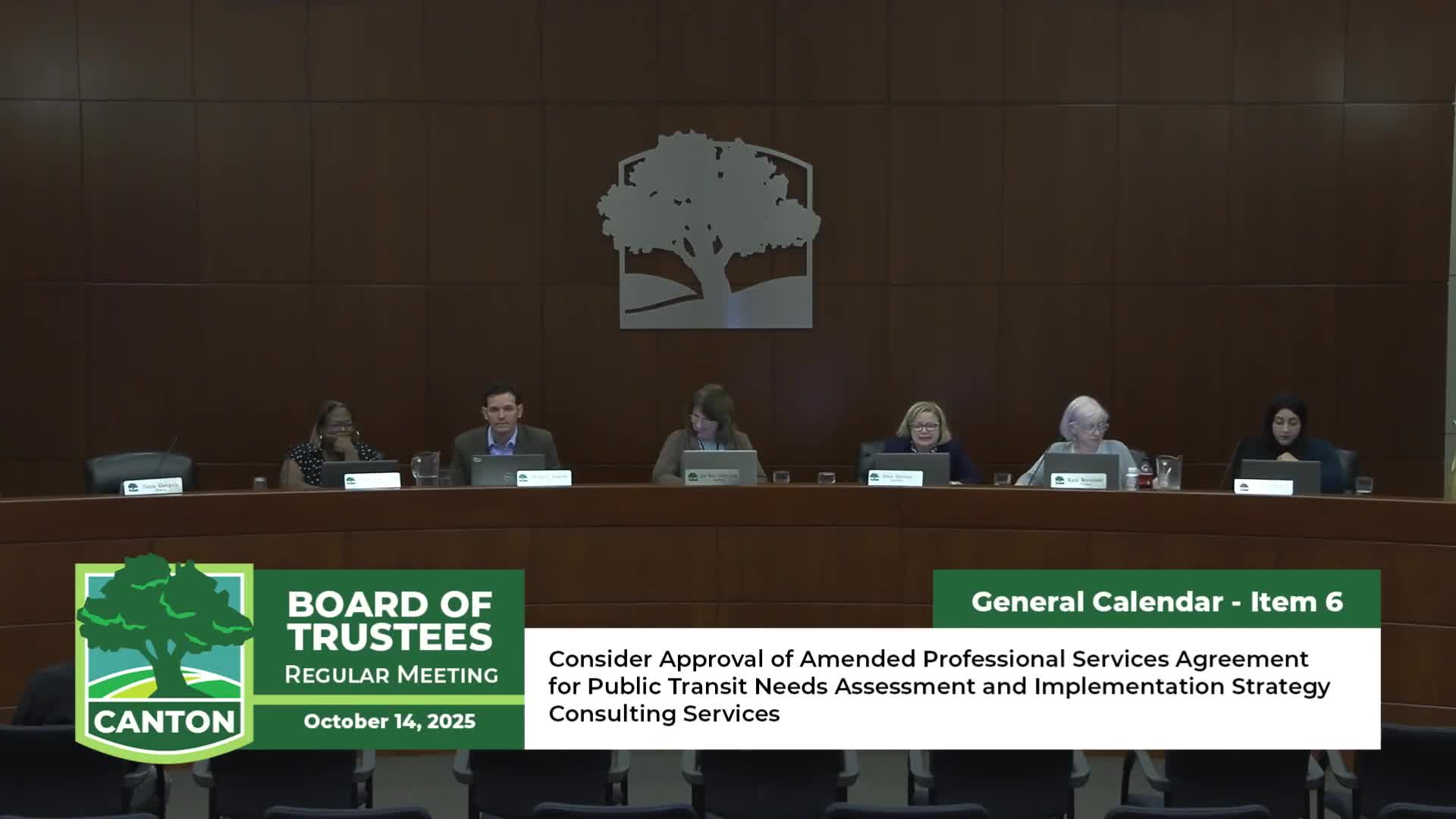 Canton approves expanded regional transit assessment contract; cites state law and county‑wide vote ahead of 2026