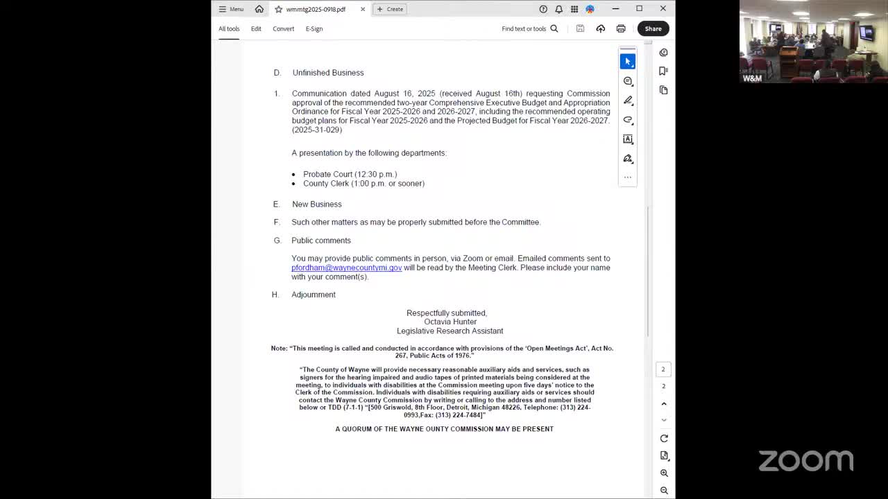 Wayne County clerk requests seven positions to handle automatic set-aside and juvenile‑lifer work; committee approves clerk budget