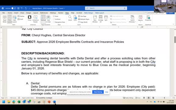 Council approves 2026 employee benefits package; city to switch medical plan to Blue Cross with 12% rate cap