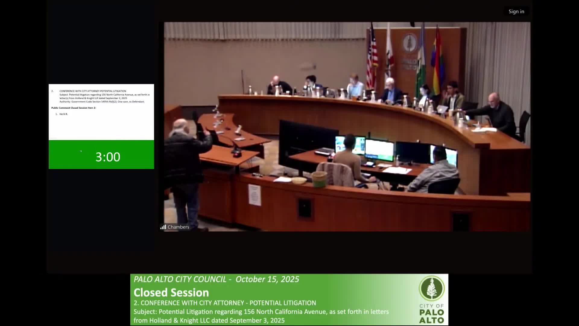Public commenter urges Council to avoid using closed session to negotiate project scope; Council votes to enter closed session on potential litigation
