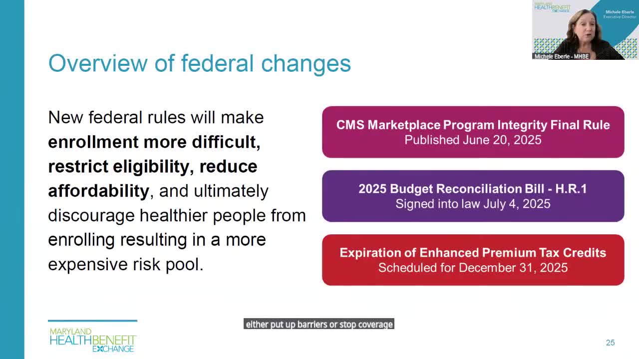 Federal rules, HR 1 and marketplace integrity changes force coverage and subsidy shifts in Maryland exchange