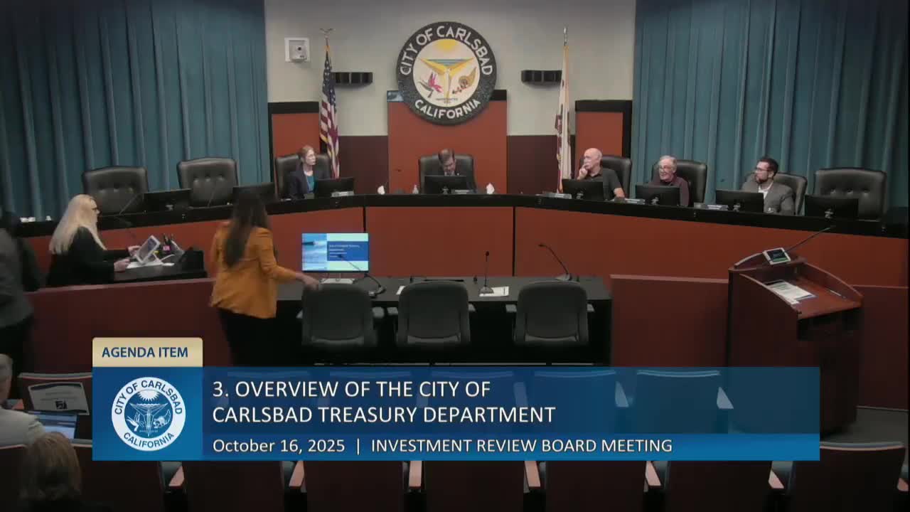 Treasury staff presents $950 million portfolio, $25 million interest income and investment strategy to Carlsbad board