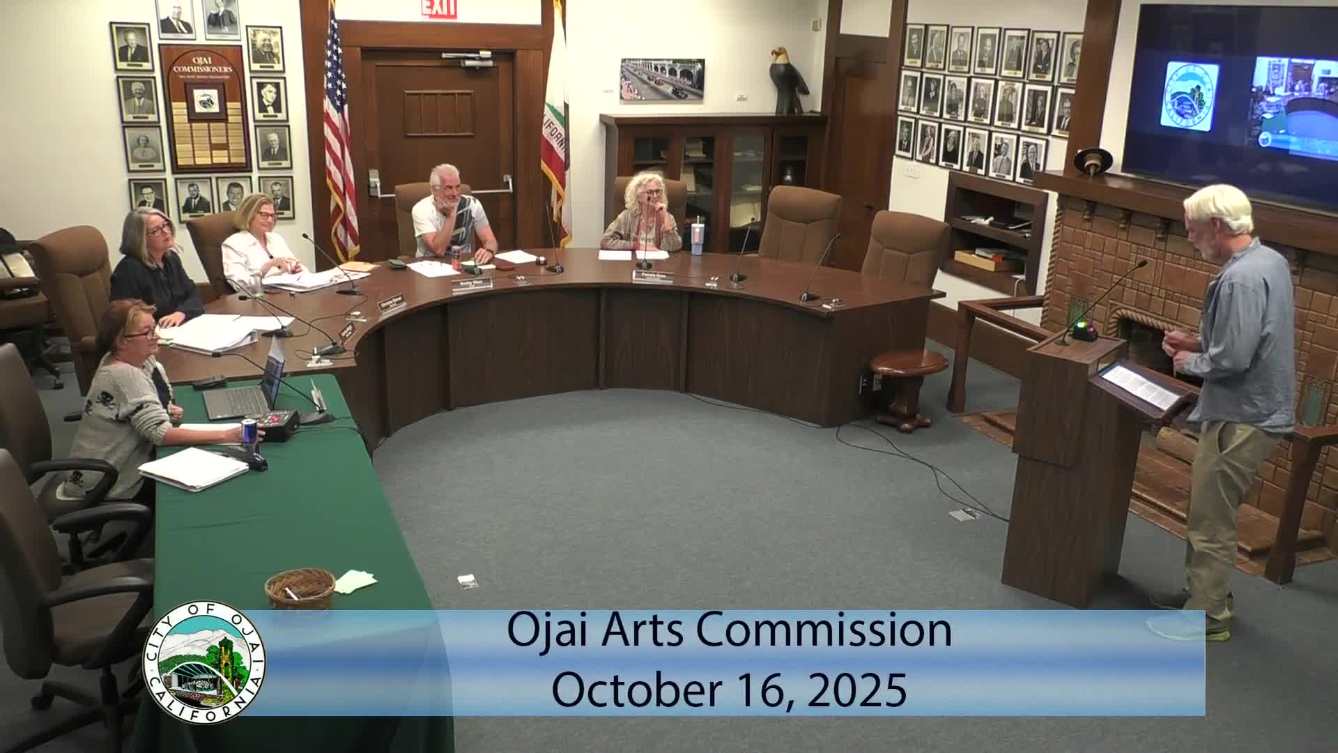 Ojai Arts Commission amends minutes, asks staff to reconcile public‑art fund; brochure and Kent Hall mural discussed