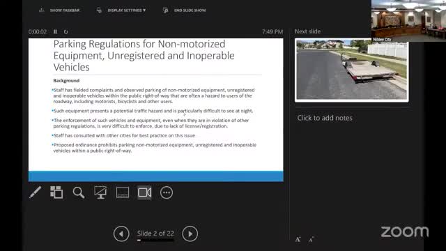 Council holds public hearing and approves first reading of ordinance restricting unregistered or inoperable equipment in right‑of‑way