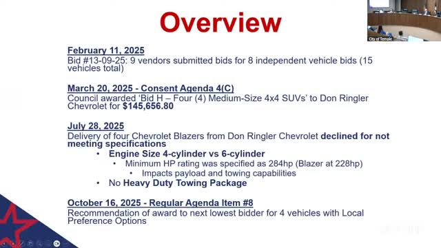 Council uses local‑preference policy to buy four Ford Explorers from Temple dealer