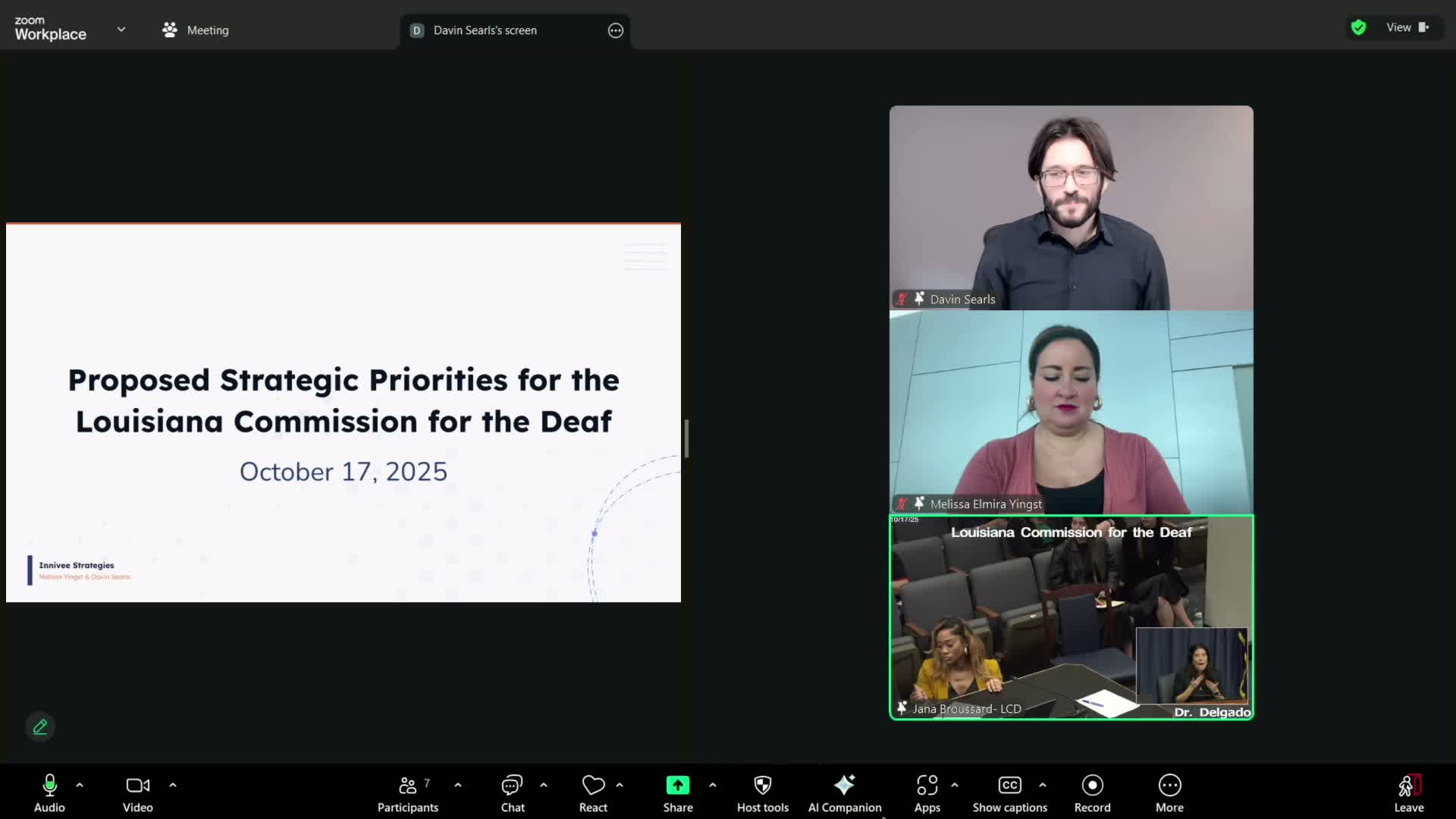 Consultants present revised vision, mission and five priorities for Louisiana Commission for the Deaf; commissioners offer feedback