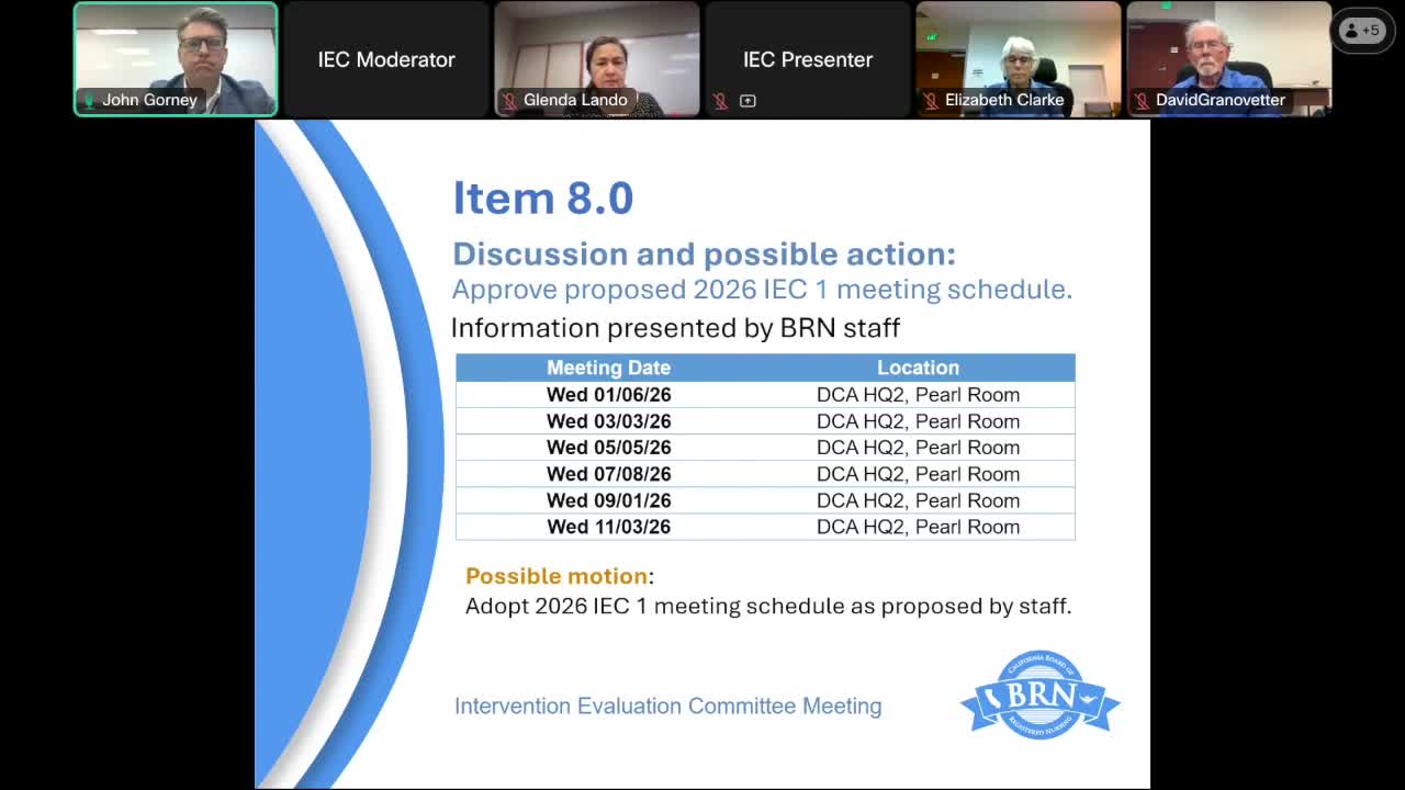 Board of Registered Nursing executive officer reports review of intervention program work requirements; committee approves minutes and 2026 schedule