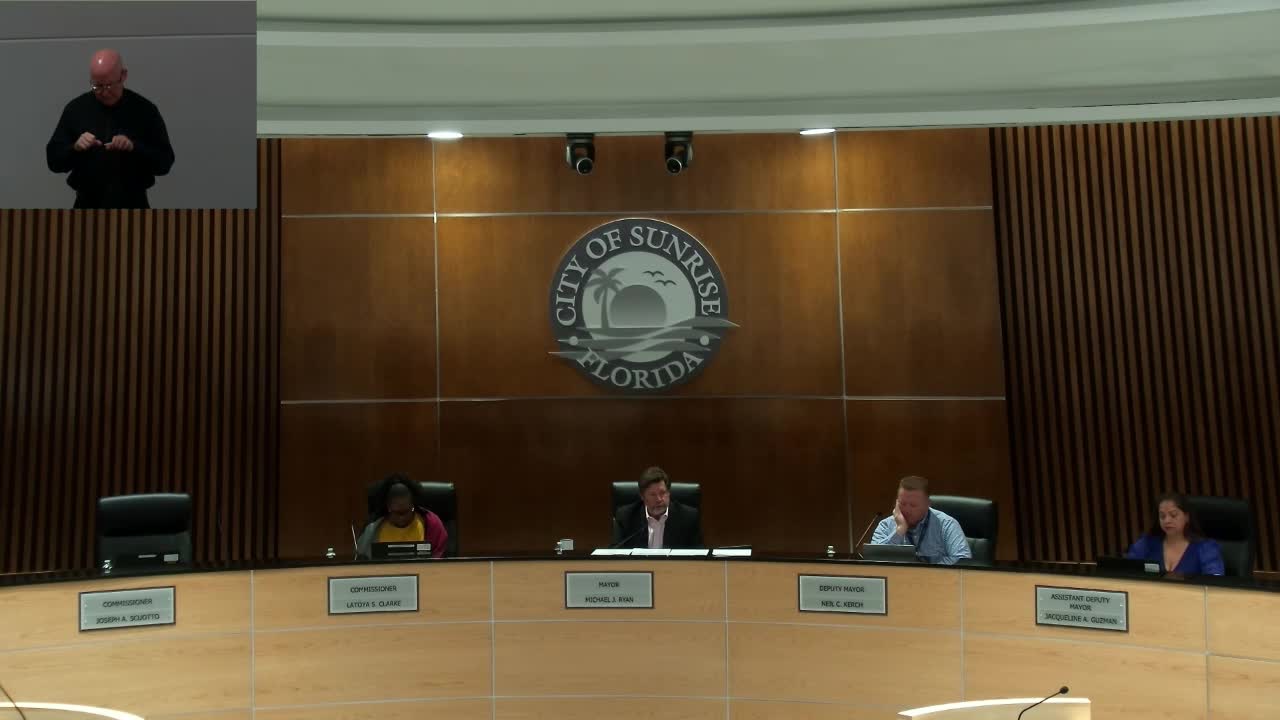 Sunrise approves interlocal water/sewer agreement with Plantation and awards force‑main relocation contract; commissioners press on cost‑sharing