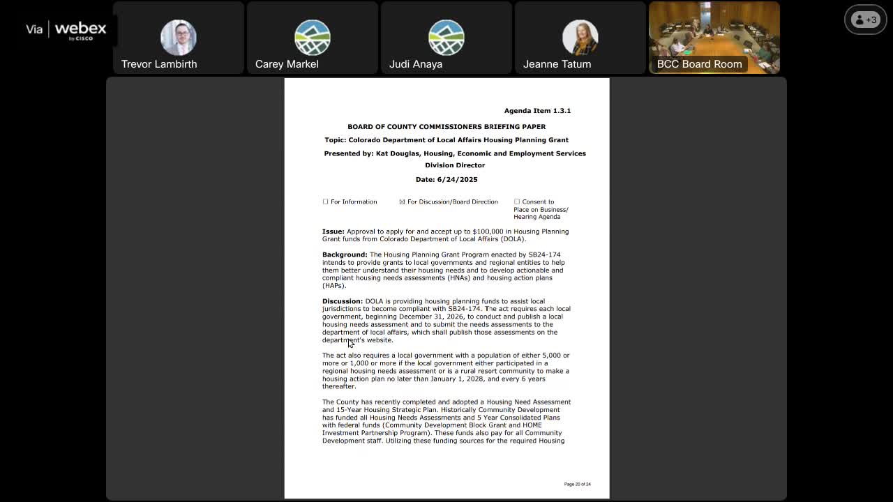 Jefferson County to apply for Colorado DOLA housing‑planning grant to revise needs assessment