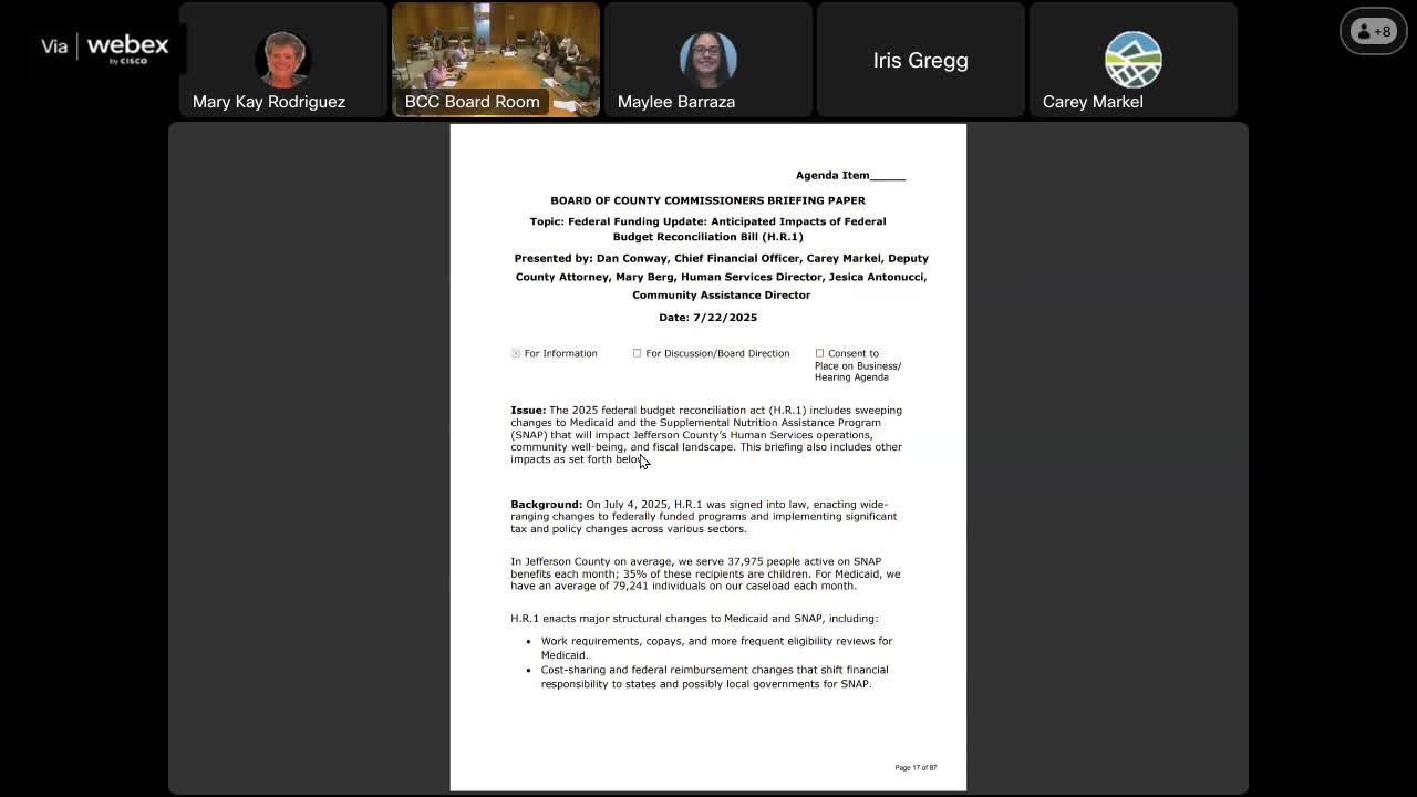 Jefferson County staff warn Medicaid and SNAP changes could raise demands on local services; work session set for August