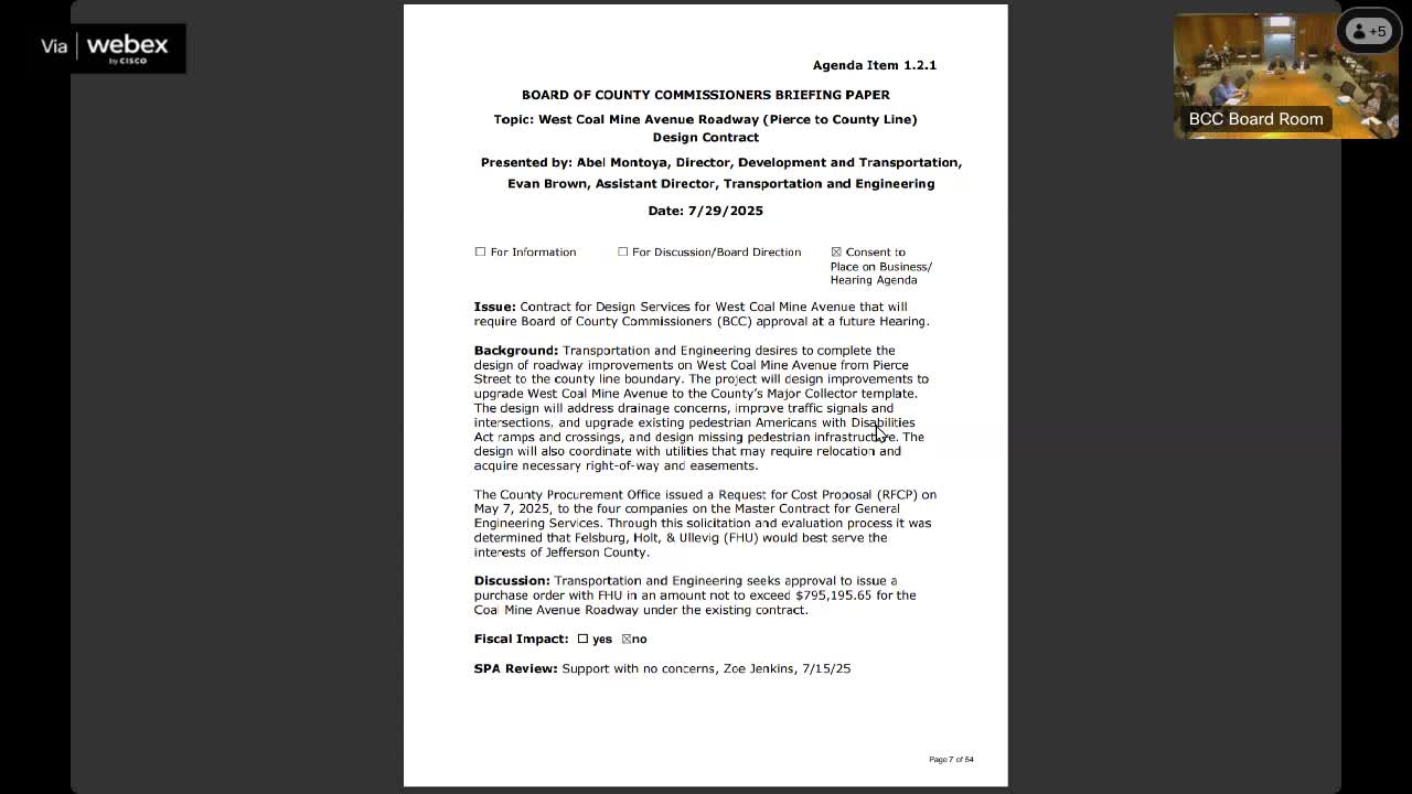 Jefferson County staff seeks $795,195 design contract for West Coal Mine Avenue upgrade