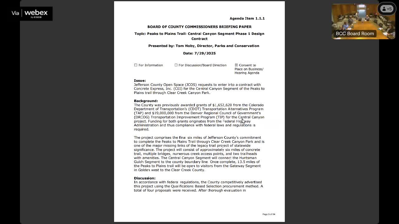 Parks seeks $16 million design award for Clear Creek Trail central canyon segment; full build cost estimated at $150'00 million