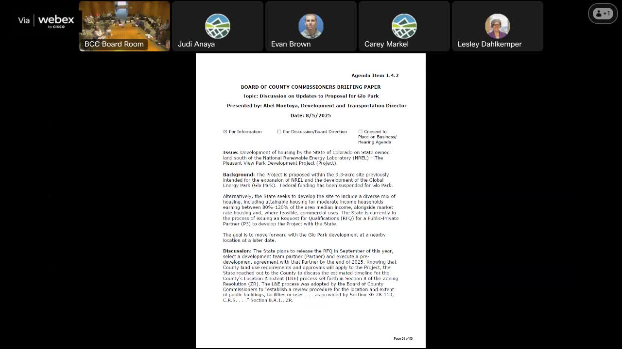 State-led Global Energy Park update: county staff to treat housing proposal as exploratory; planning commission controls location-and-extent decision