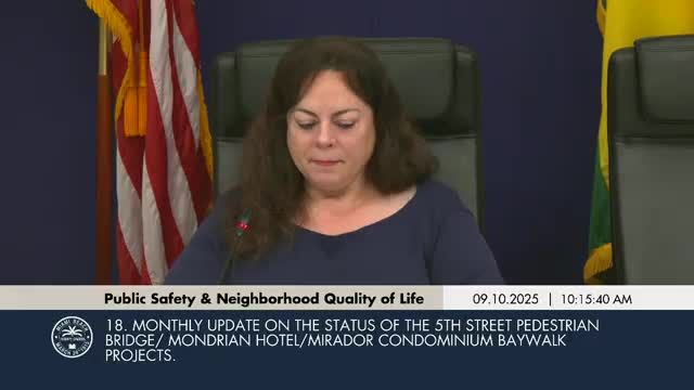 Pedestrian bridge project delayed to late 2026/early 2027 after utility relocations and peer-review revisions, city told committee