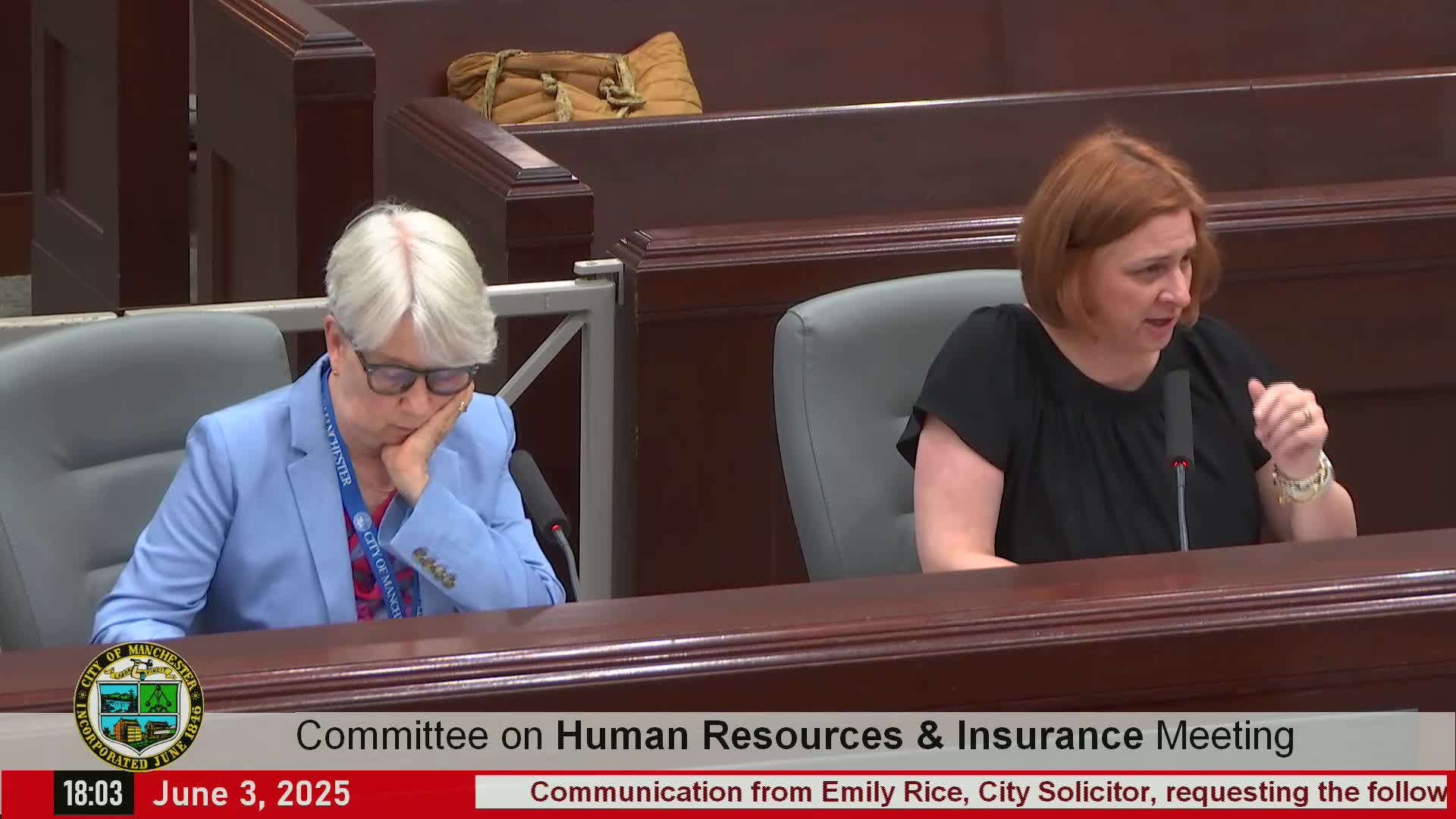 Manchester HR committee approves change to solicitor staff; selects Elliot Hospital for employee medical services