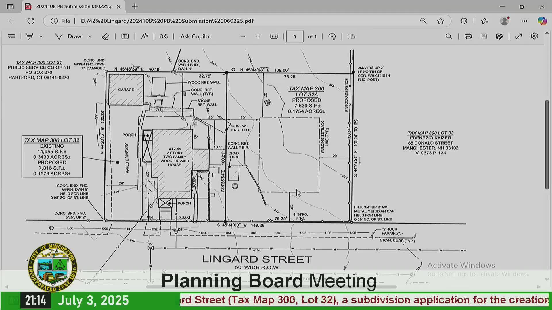 Owner proposes two-lot split on Lingard Street; plan requires zoning relief and removal of onsite obstructions