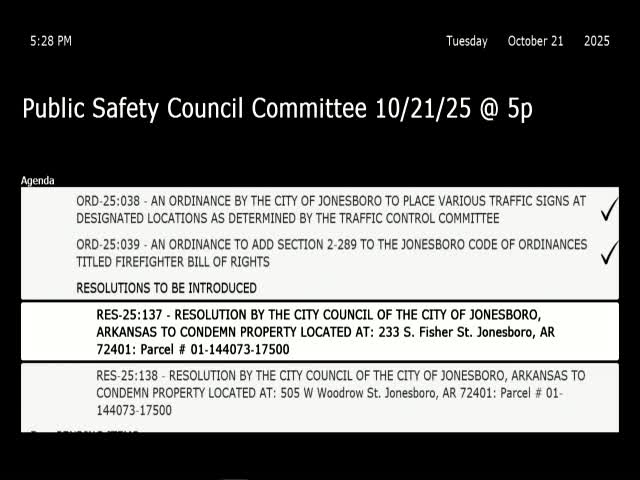 Public safety committee advances multiple ordinances, adopts firefighter bill of rights and moves two condemnations to full council