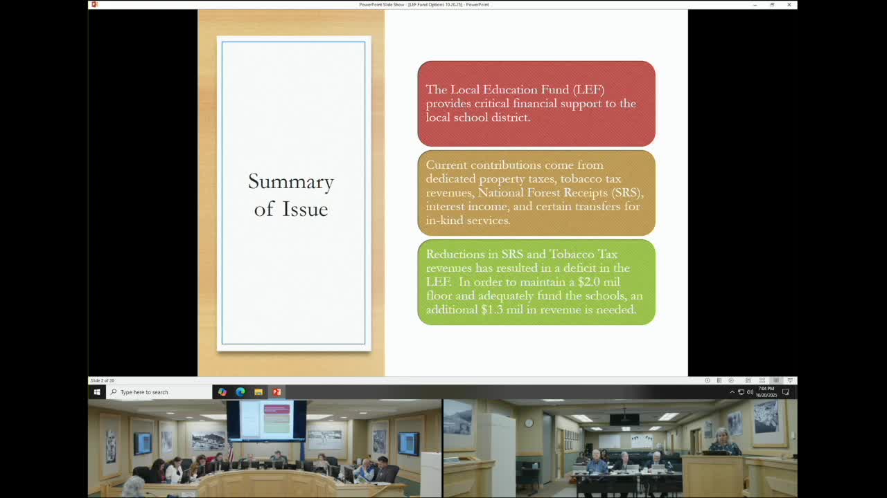 Assembly holds work session on options to refill Local Education Fund; PILT and sales-tax cap among ideas