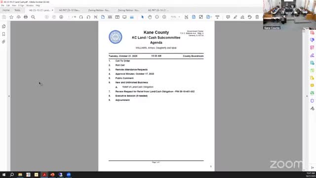 Kane County staff recommends land-cash fee relief for Crane Road lot; subcommittee cannot act without quorum
