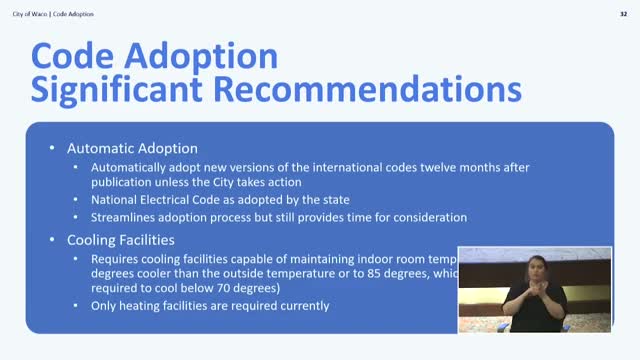 City to update building codes, move Certificate of Occupancy rules and add cooling standard; EV appendix proposed as optional