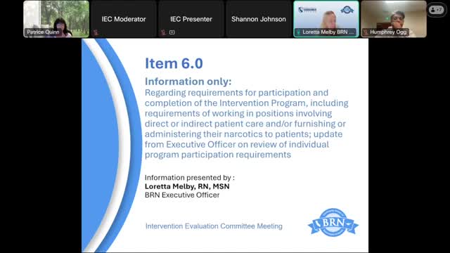 Board of Registered Nursing committee reviews suspension of direct patient-care and narcotics-work requirements for intervention participants