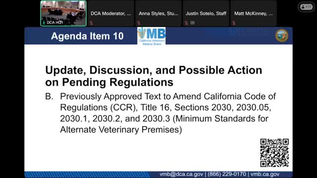 Board approves 15-day notice for alternate veterinary premises regulations after OAL raised clarity concerns