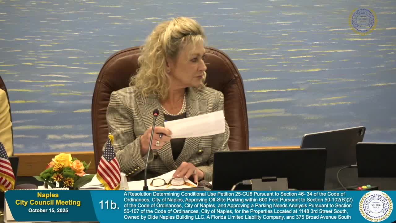 Council continues Old Naples Building off‑site parking and outdoor‑dining petitions to Dec. 10