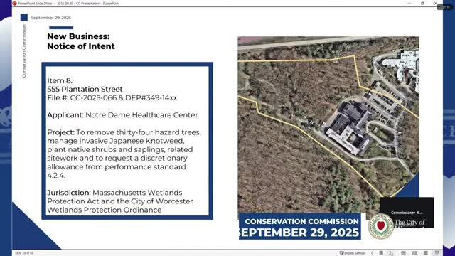 Notre Dame Healthcare seeks permission to remove undermining trees along Coal Mine Brook; commission requests site visit