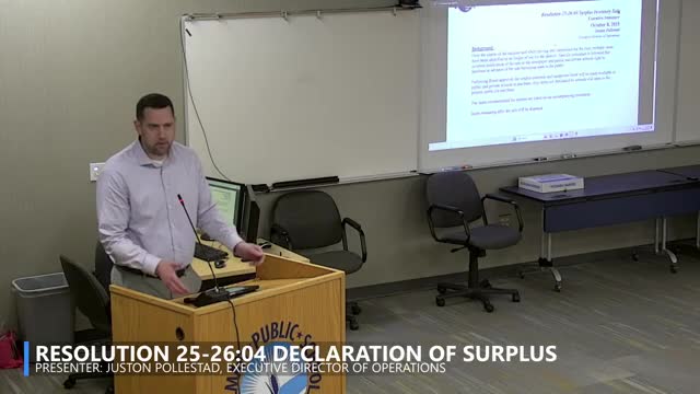 Board adopts amended agenda, approves consent agenda and declares surplus property
