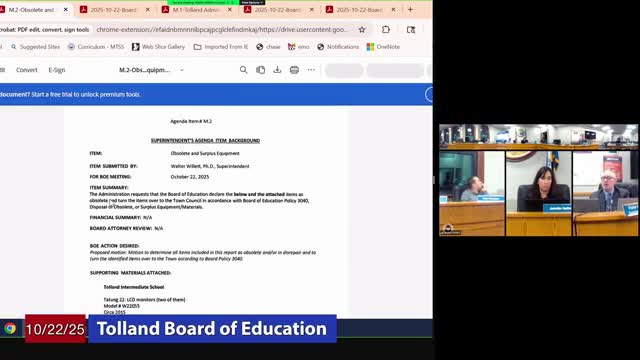 Board approves list of obsolete and surplus school equipment for town disposition