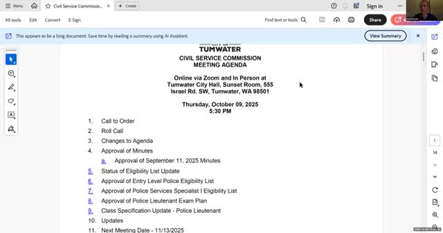 Tumwater commission approves minutes and eligibility lists, accepts police lieutenant exam plan; tables class specification