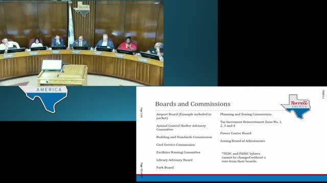 Terrell council discusses uniform residency and term changes for boards; considers airport-board exceptions