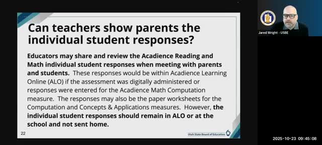 Acadience guidance: teachers can show parents student responses but worksheets retained only for current year; ALO pathways goal‑setting explained