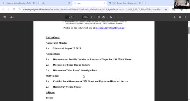 Staff reports on historic-survey grant, brochures and plaque move; ordinance revision expected in coming months